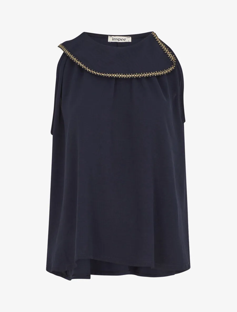 Top uni à col rond stylisé et rabattu - Marine