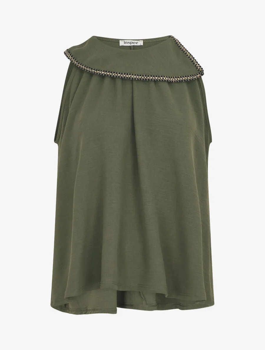 Top uni à col rond stylisé et rabattu - Kaki