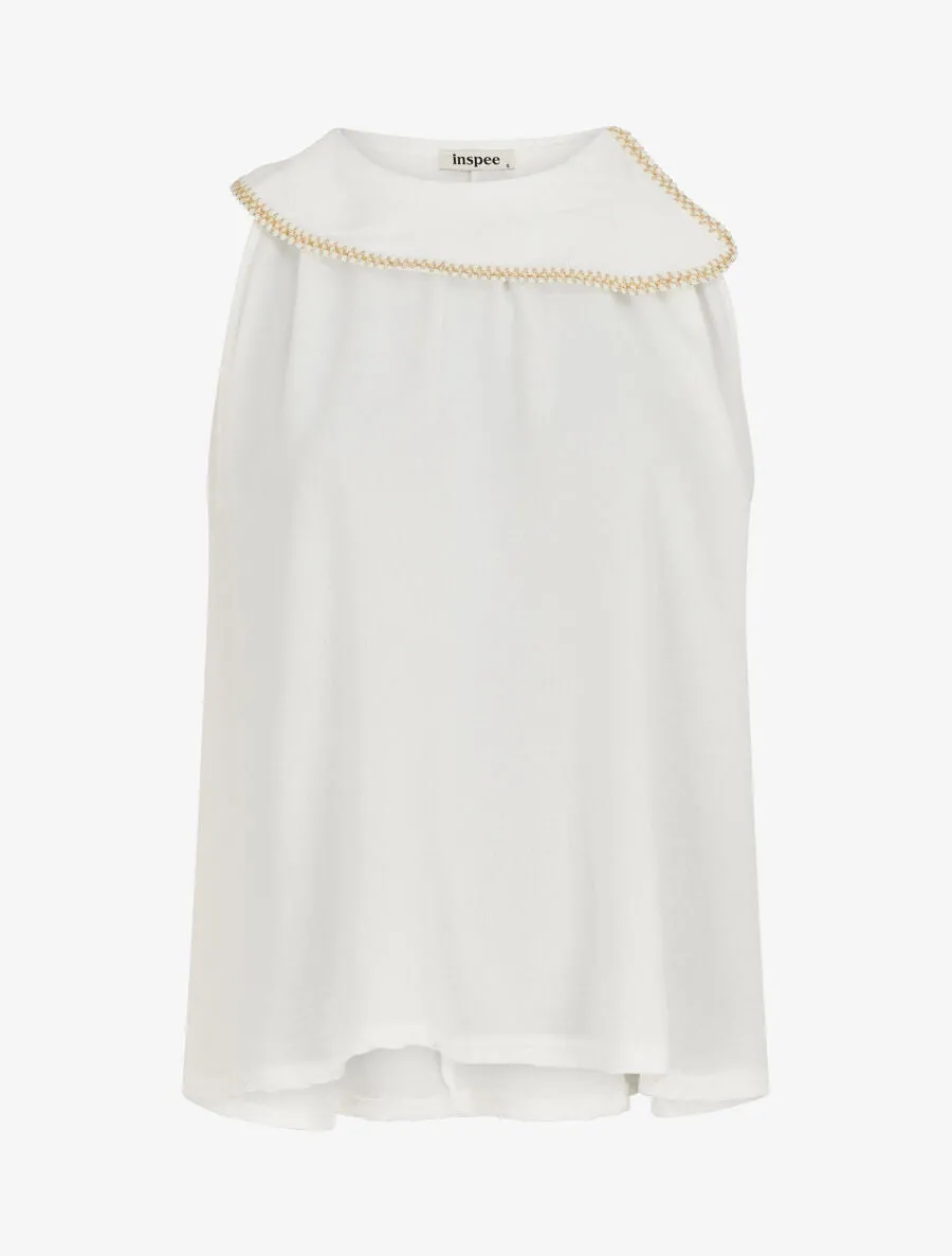 Top uni à col rond stylisé et rabattu - Blanc