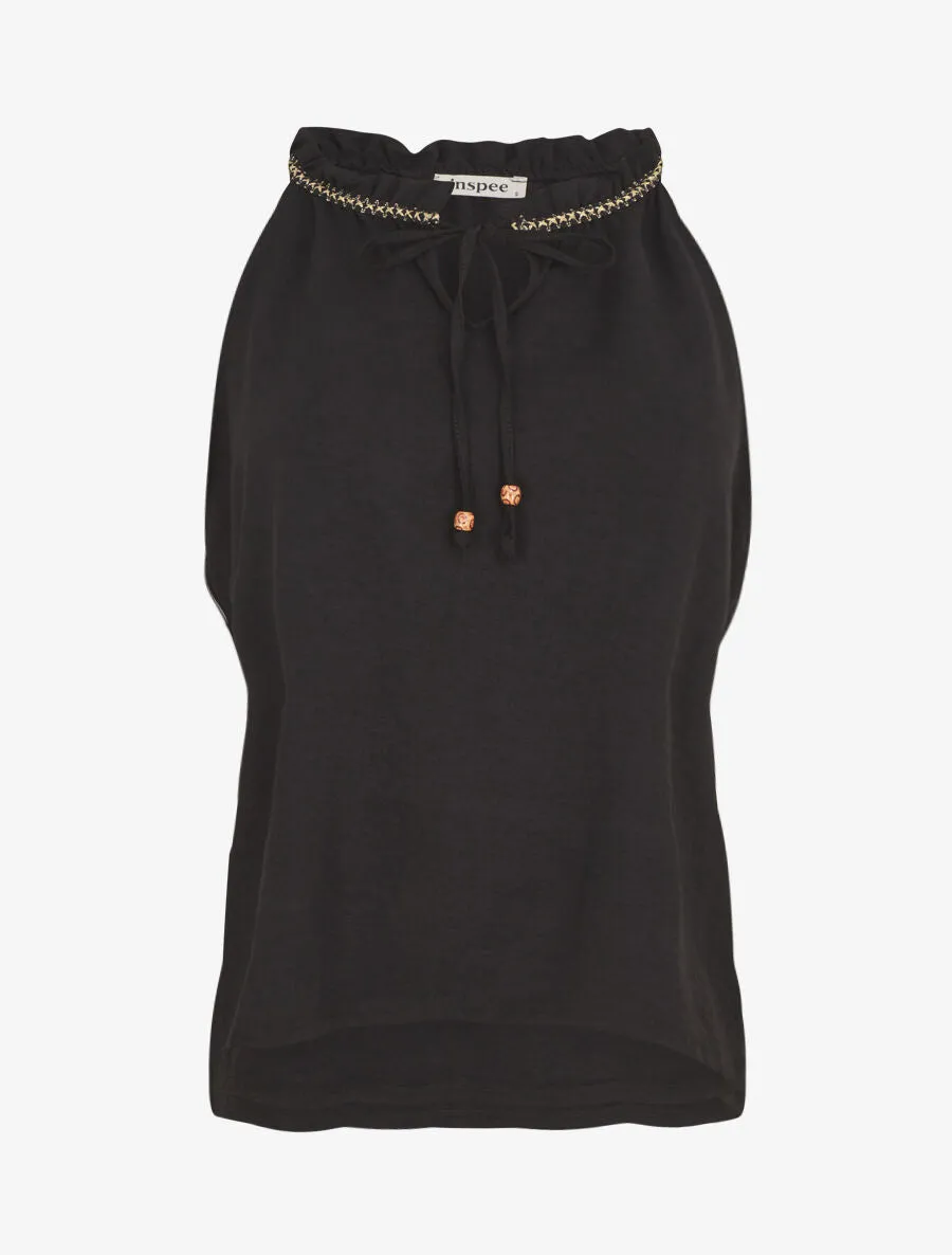 Top uni à col V et détail brodé - Noir