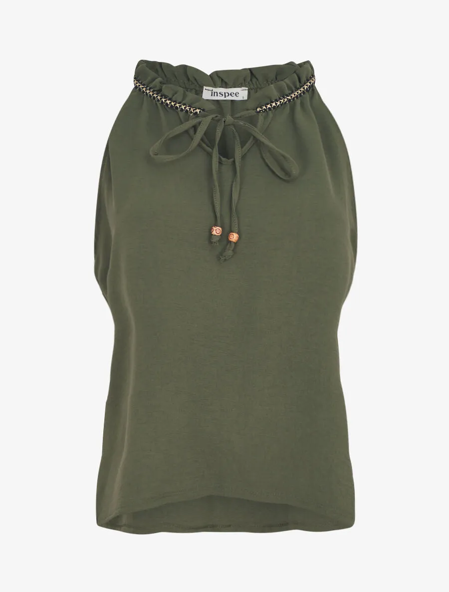 Top uni à col V et détail brodé - Kaki