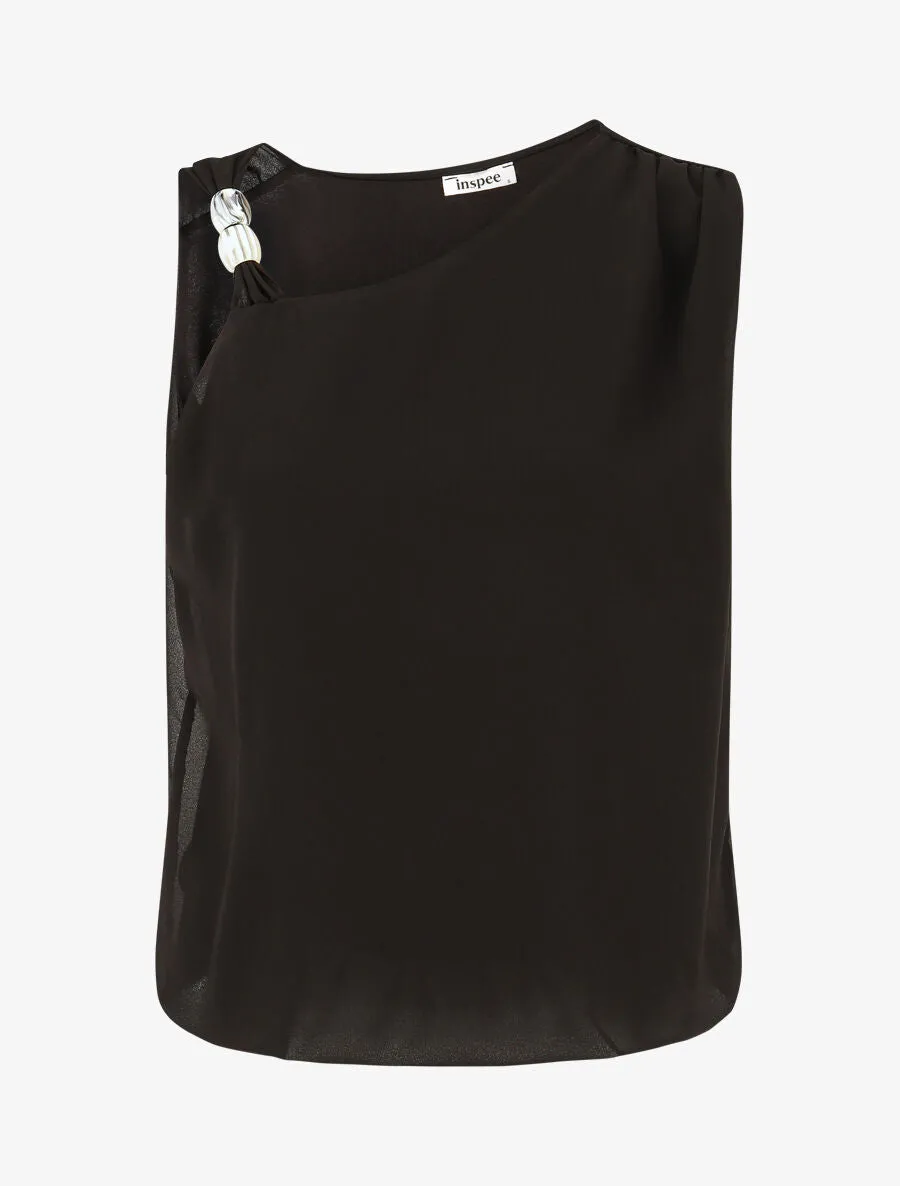 Top uni à bretelle et empiècement pierre - Noir