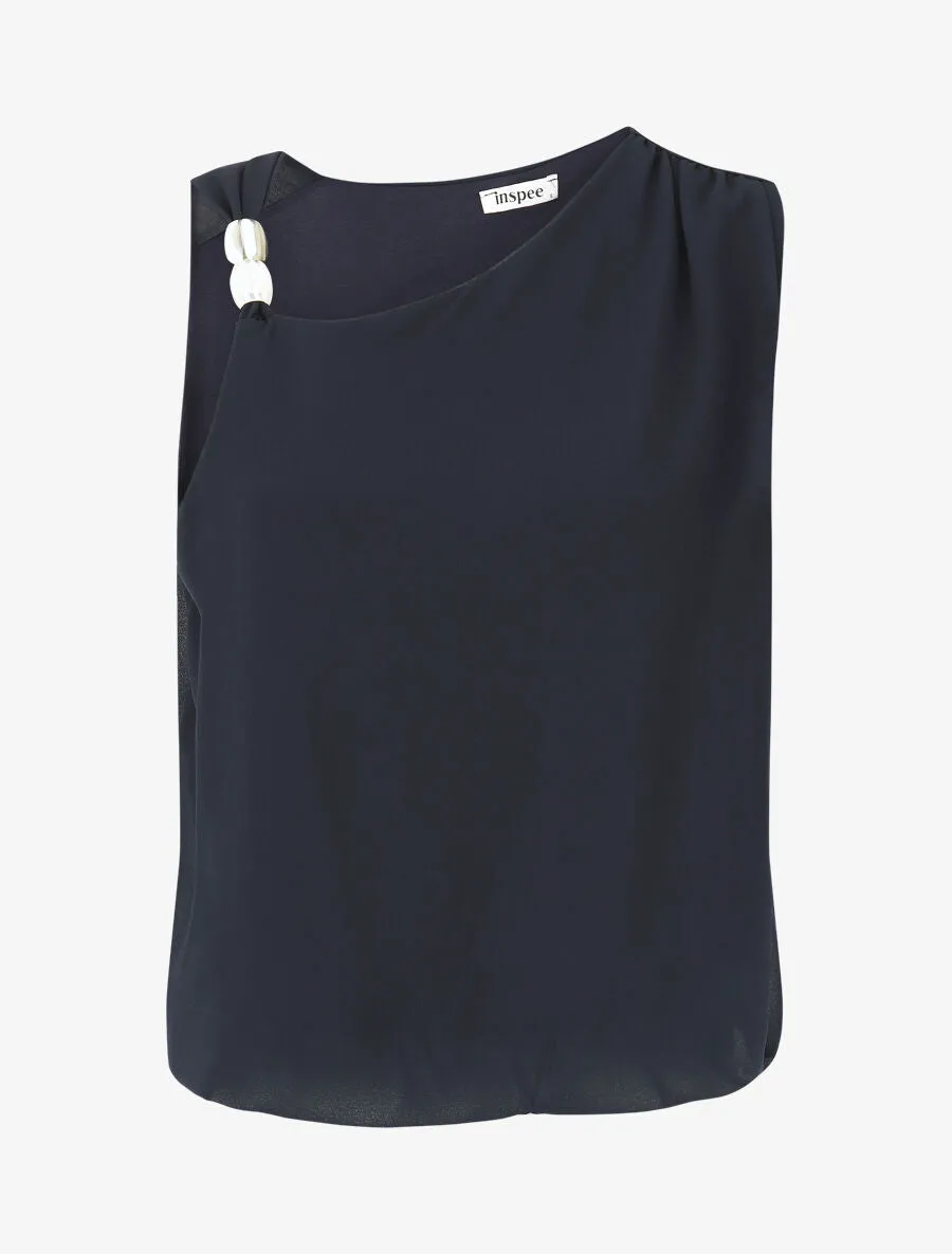 Top uni à bretelle et empiècement pierre - Marine