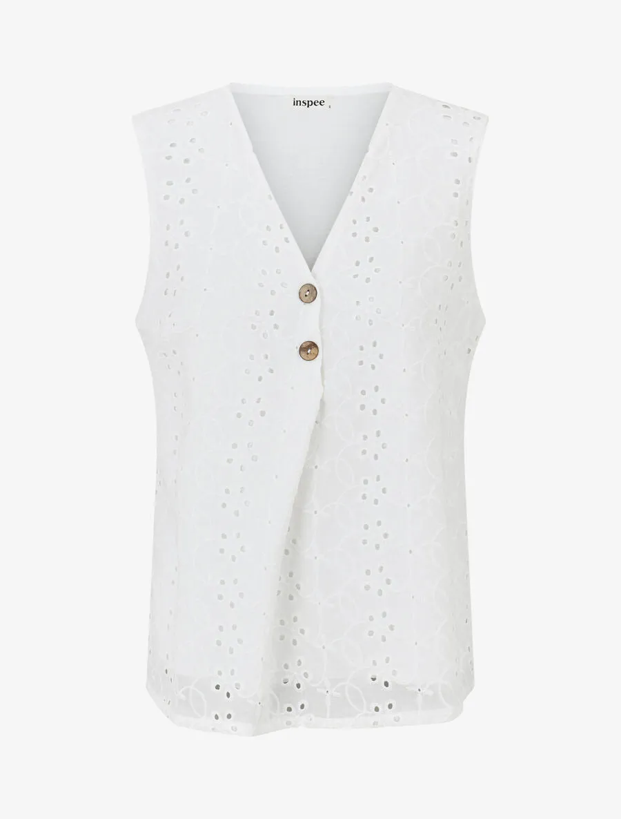 Top uni brodé sans manches - Blanc