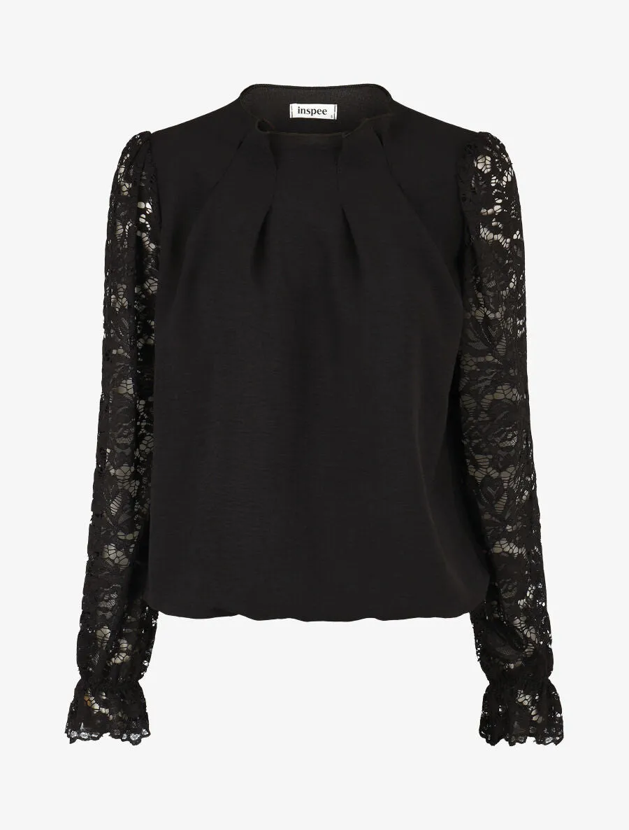 Top uni à manches longues en dentelle - Noir