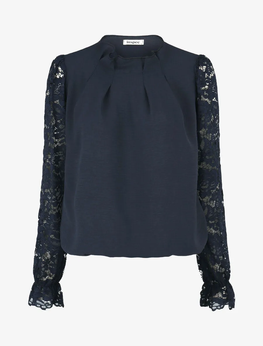 Top uni à manches longues en dentelle - Marine