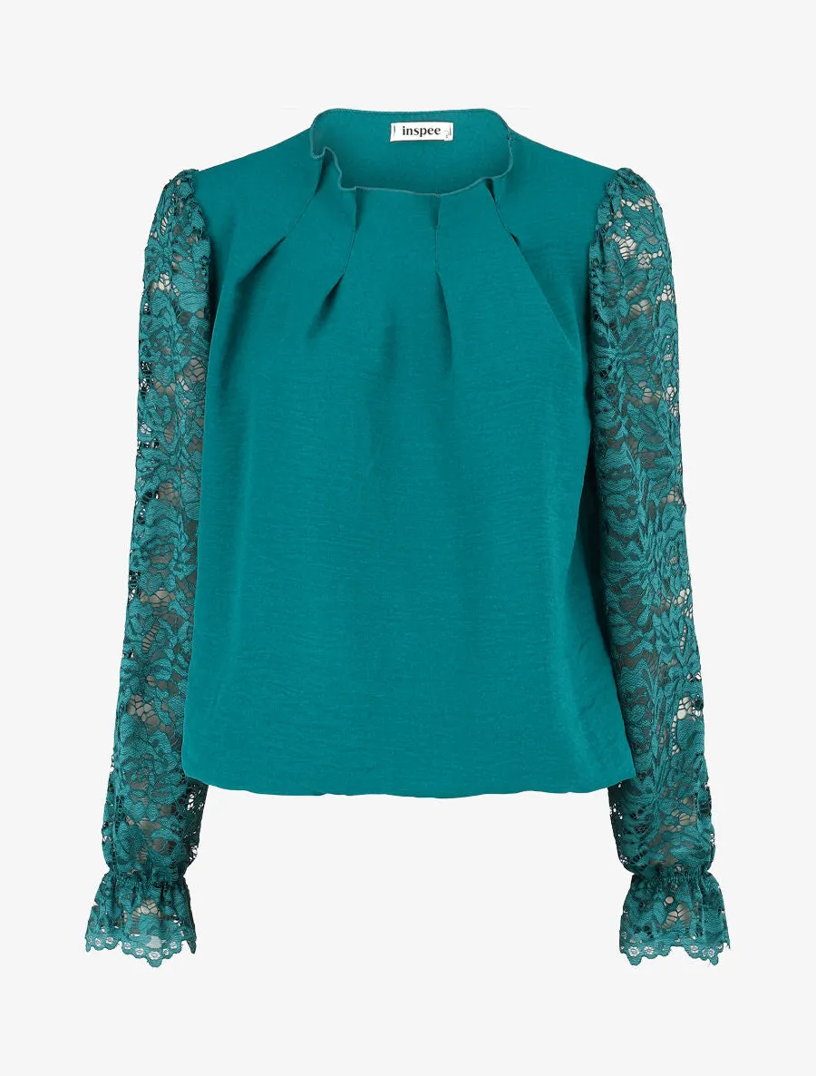 Top uni à manches longues en dentelle - Bleu canard