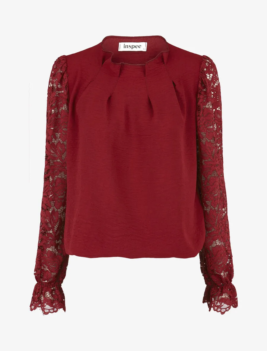Top uni à manches longues en dentelle - Bordeaux