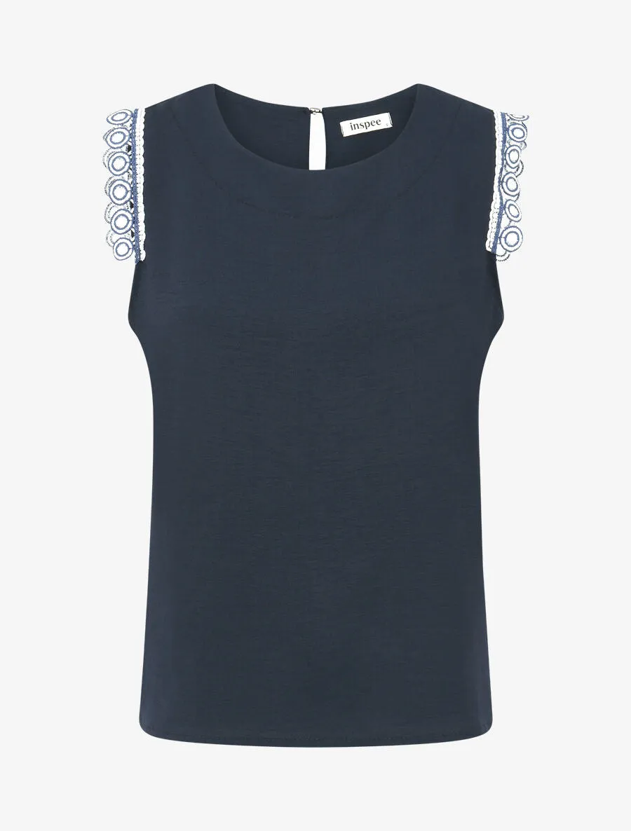 Top uni à détail broderies - Marine