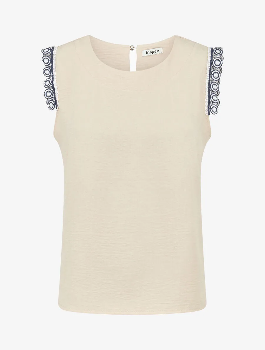 Top uni à détail broderies - Beige