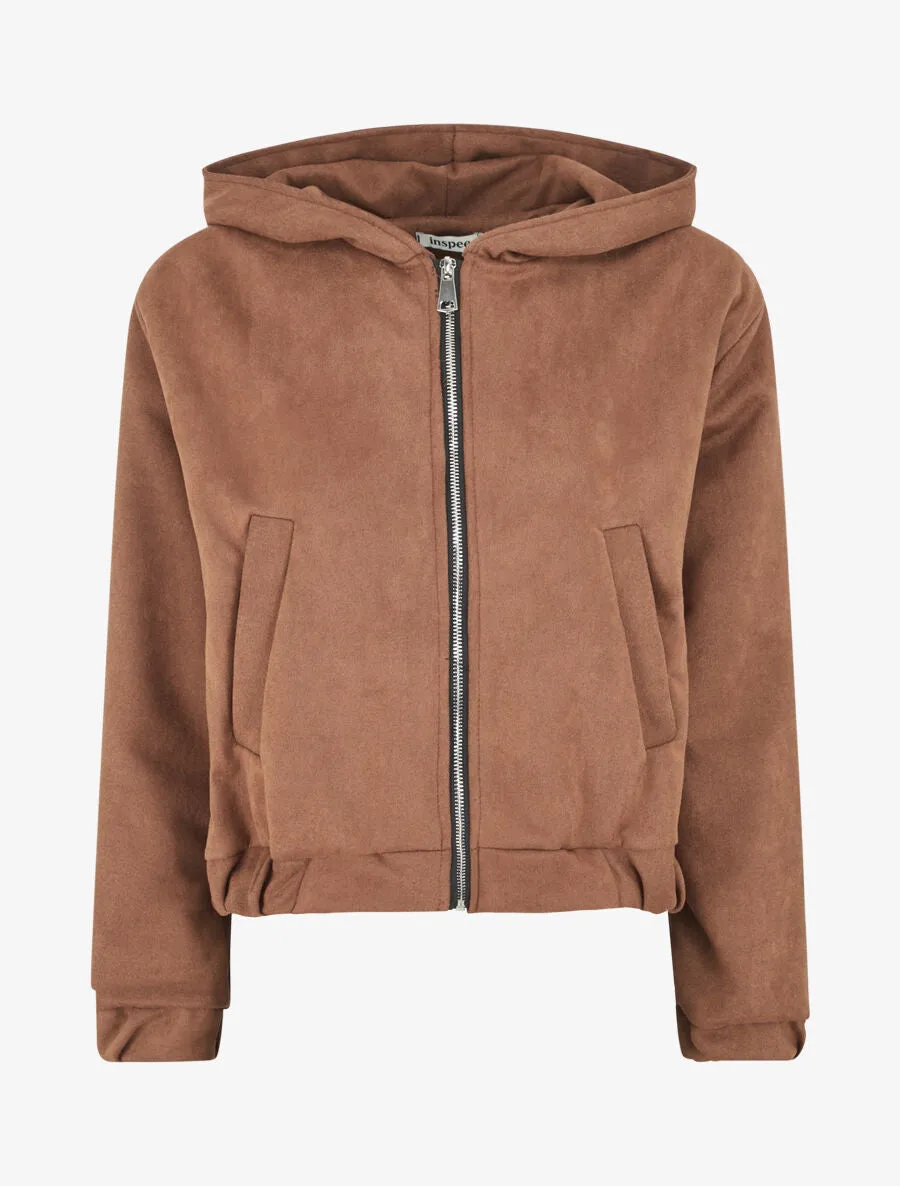Veste courte en suédine à capuche - Camel foncé