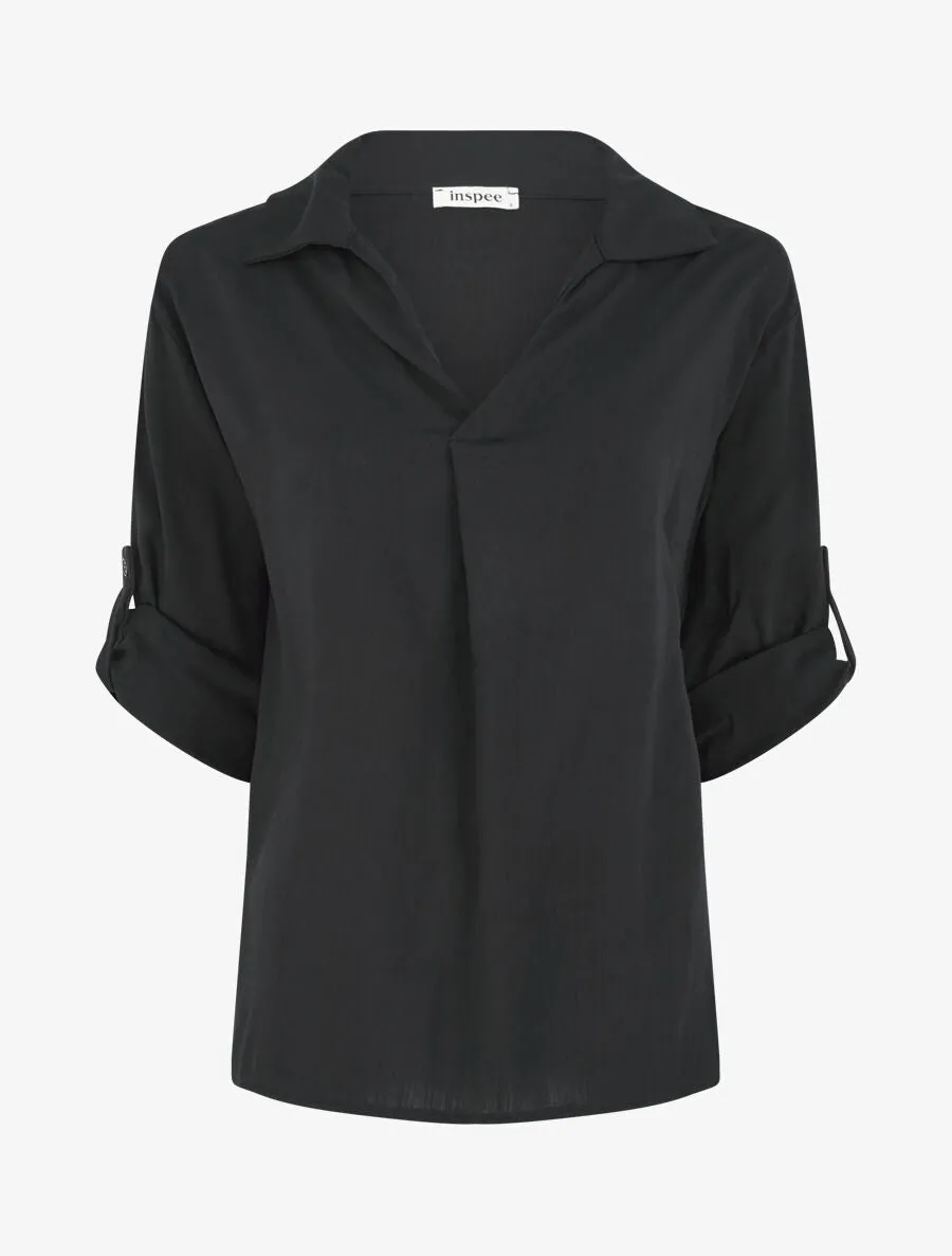 Top uni à manches retroussables - Noir