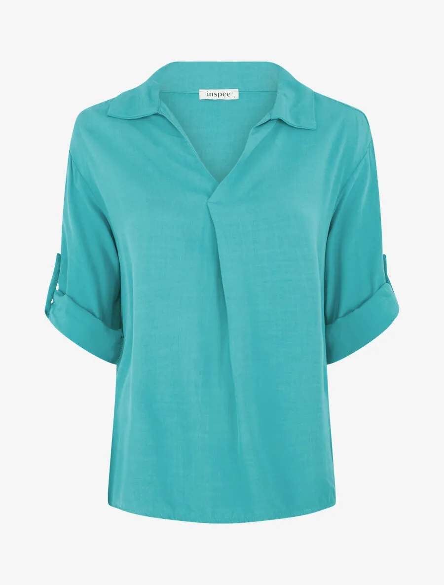 Top uni à manches retroussables - Turquoise