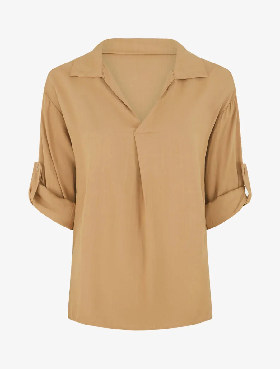 Top uni à manches retroussables - Camel
