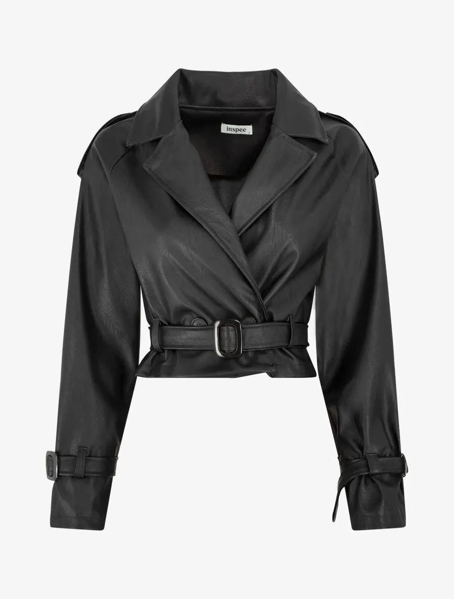 Veste courte en simili ceinturée - Noir