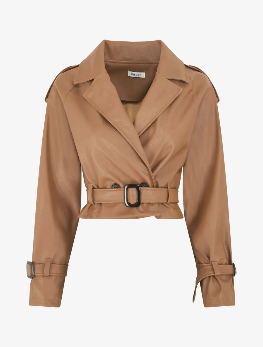 Veste courte en simili ceinturée - Camel