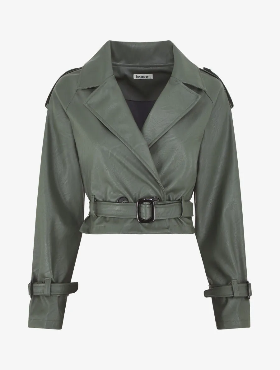 Veste courte en simili ceinturée - Kaki