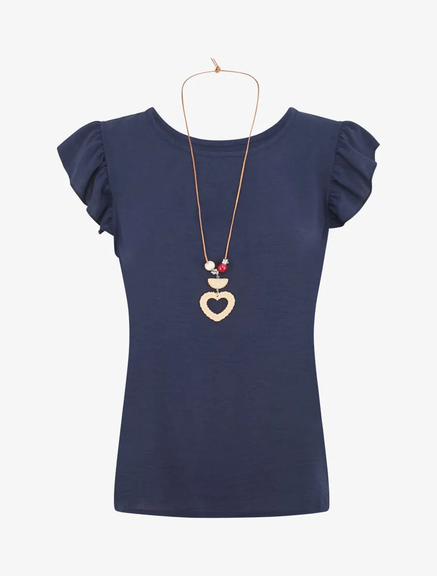 Top uni à manches volantées - Marine