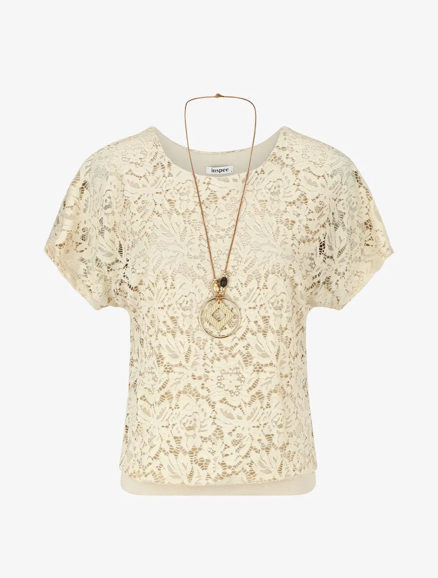 Top uni en broderies - Beige