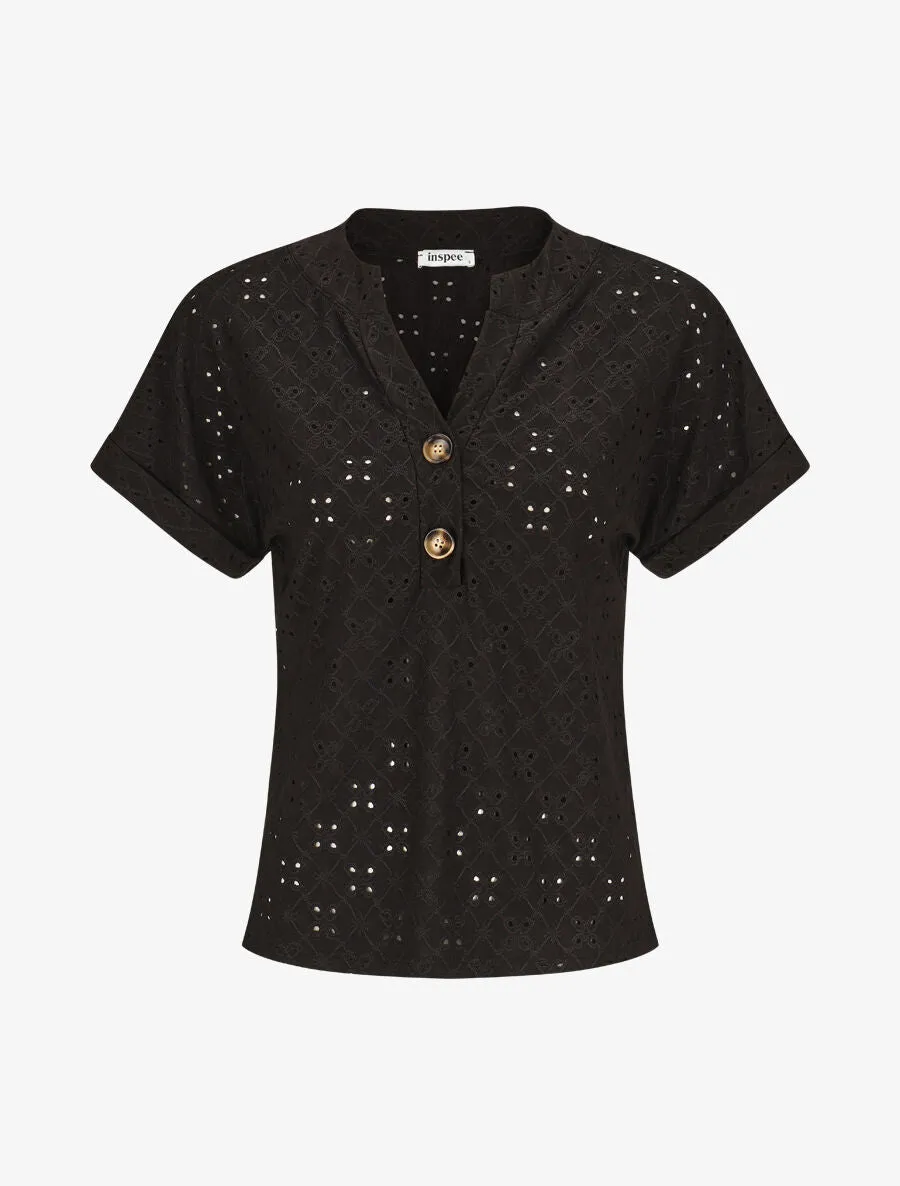 Top uni ajouré à manches courtes - Noir
