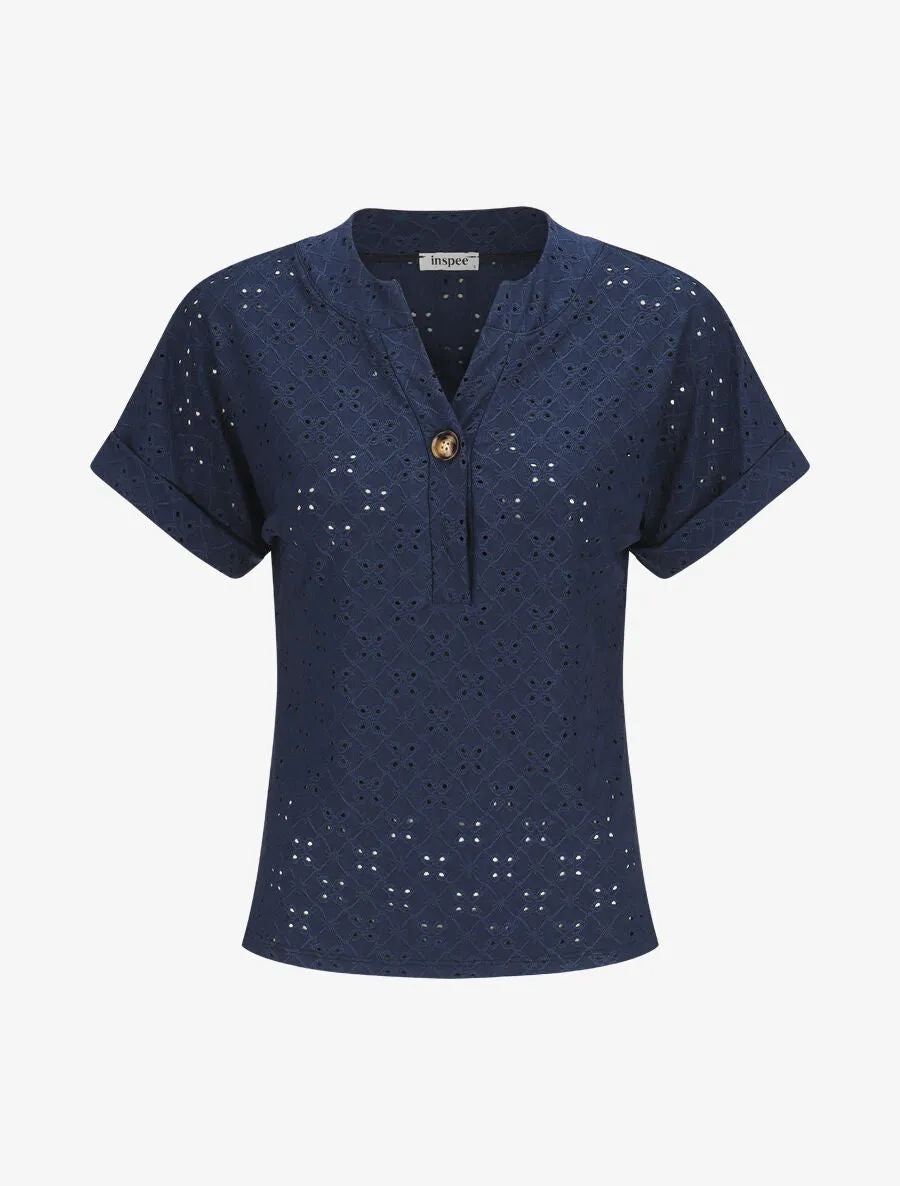 Top uni ajouré à manches courtes - Marine
