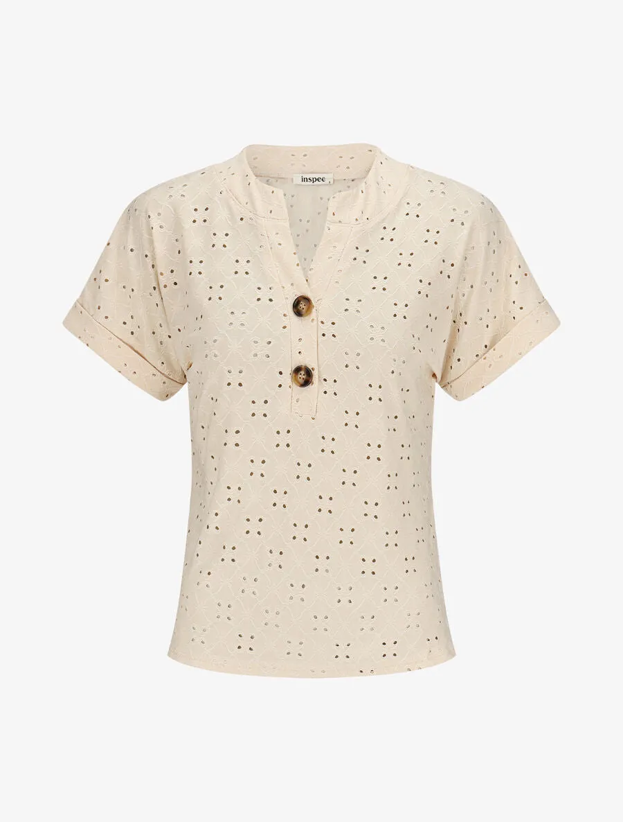 Top uni ajouré à manches courtes - Beige
