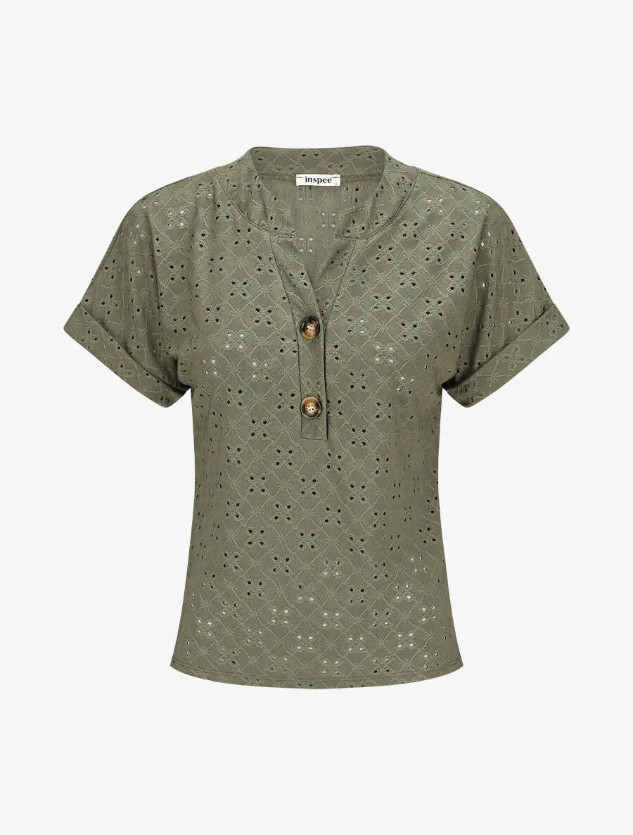 Top uni ajouré à manches courtes - Kaki