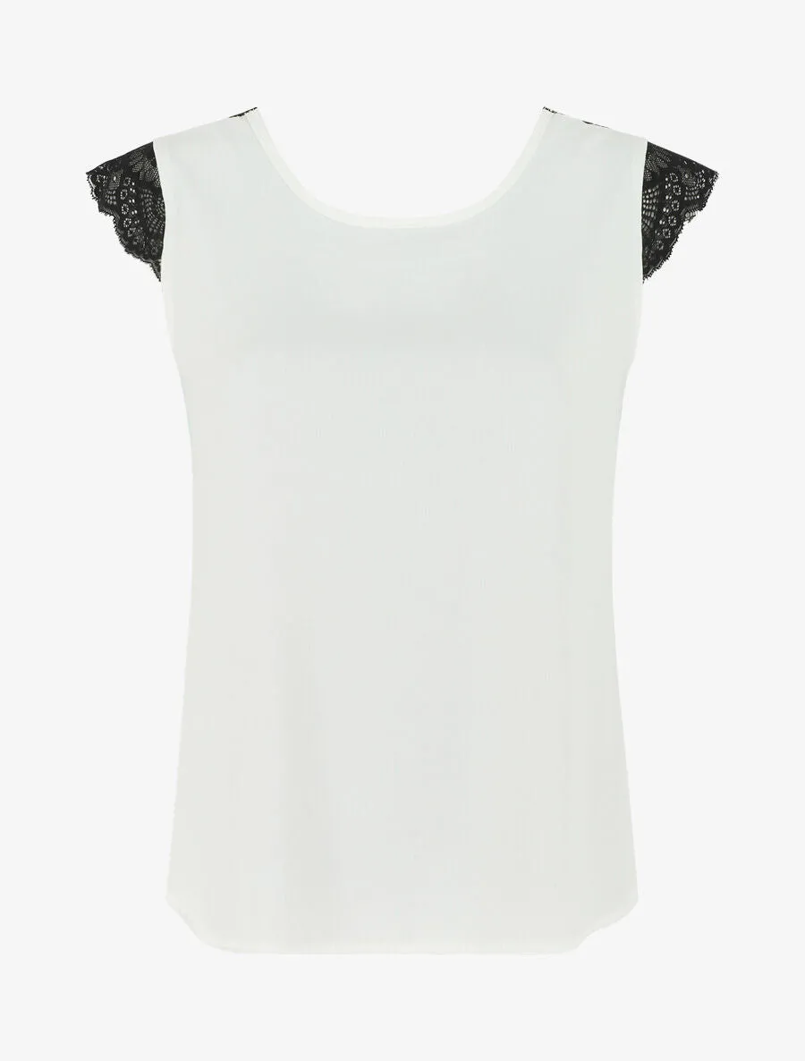 Top uni à détail dentelle - Blanc