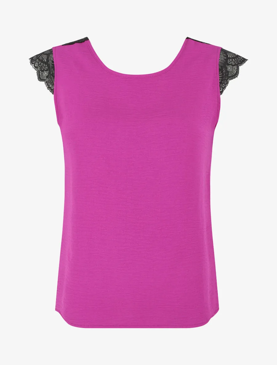 Top uni à détail dentelle - Magenta