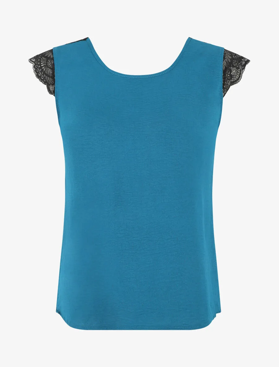 Top uni à détail dentelle - Bleu canard