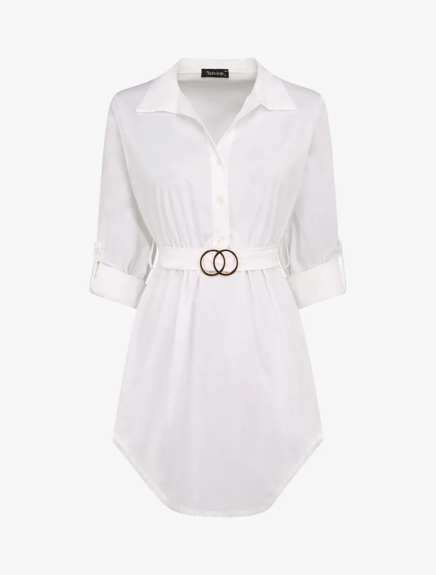 Tunique empire unie à manches retroussables - Blanc