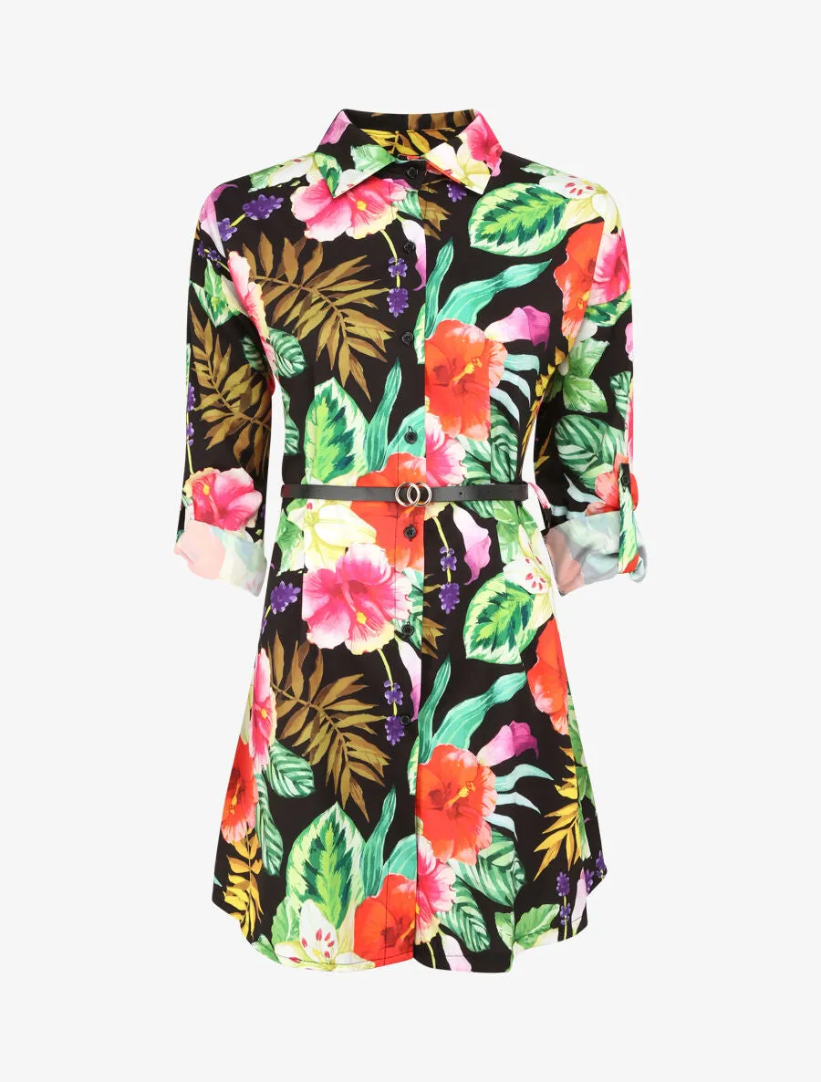 Tunique évasée imprimé hibiscus - Noir