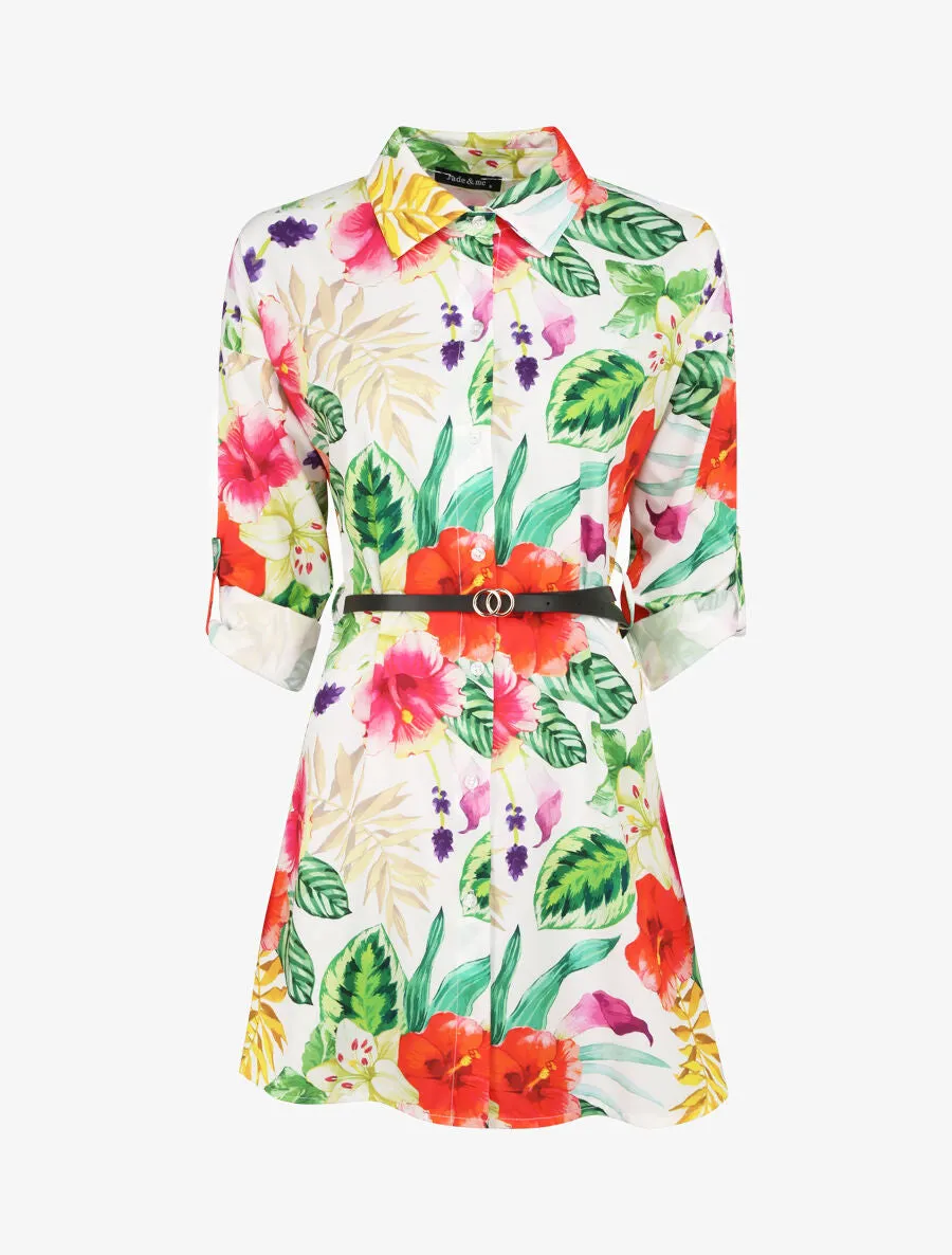 Tunique évasée imprimé hibiscus - Blanc