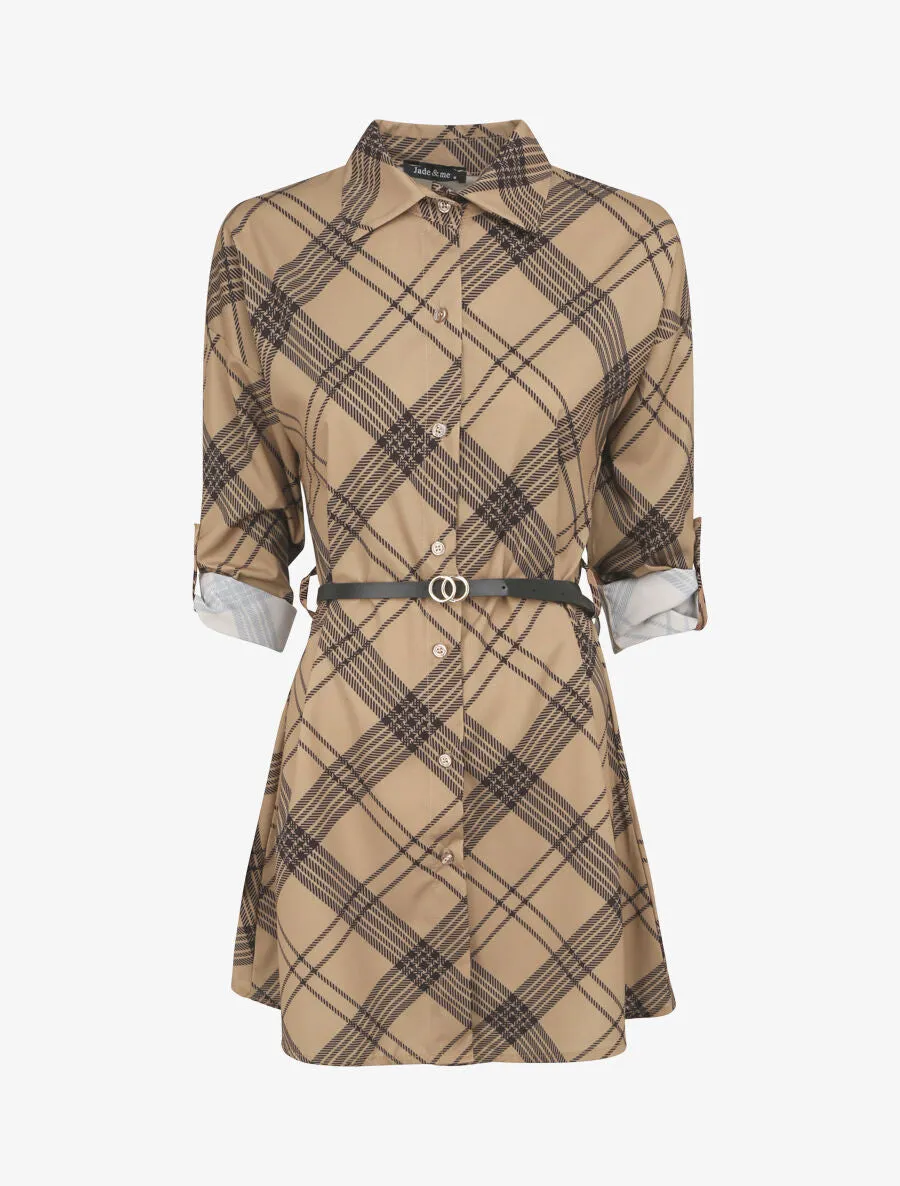 Tunique évasée imprimé carreaux stylisés - Camel