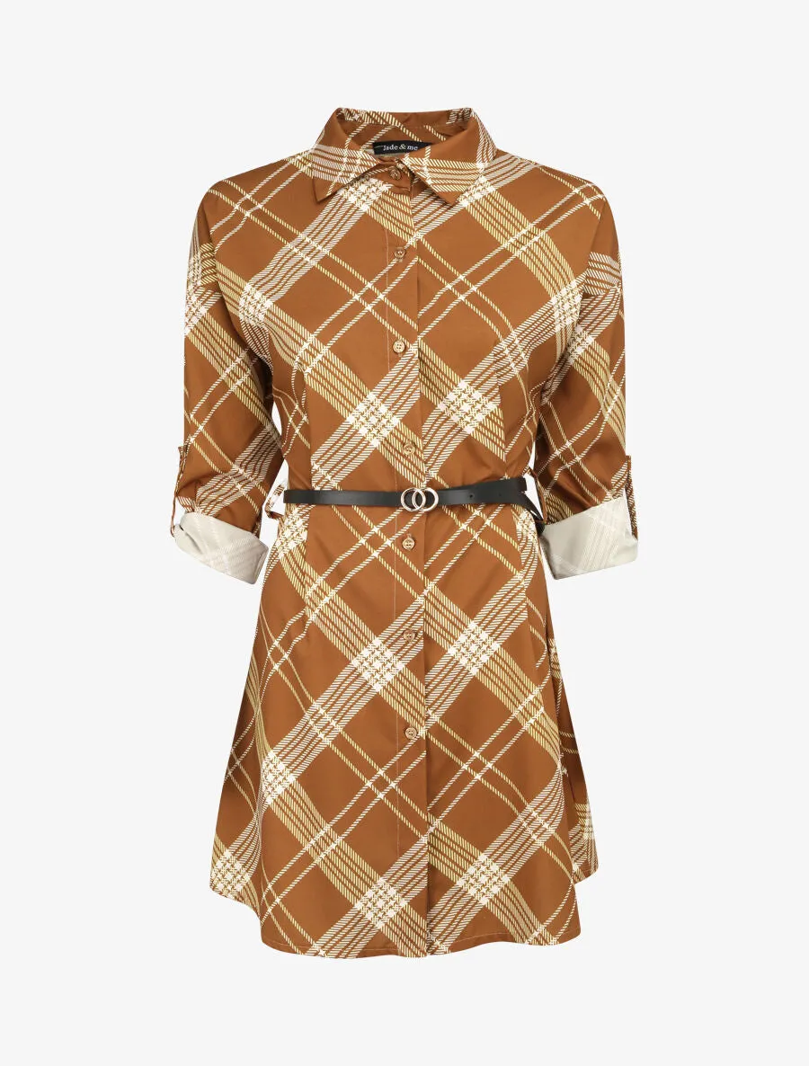 Tunique évasée imprimé carreaux stylisés - Marron