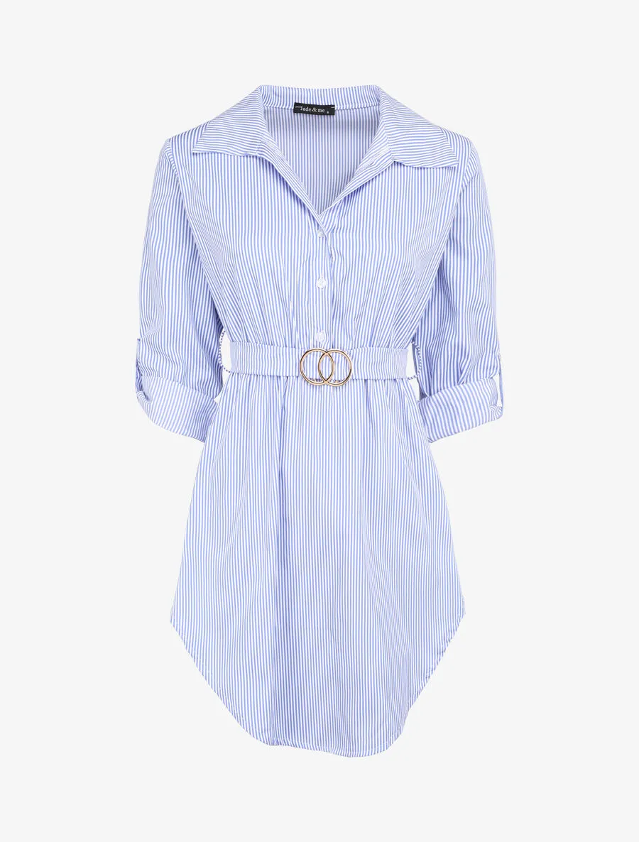 Tunique empire rayée à manches retroussables - Bleu ciel