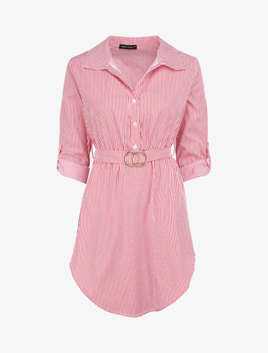 Tunique empire rayée à manches retroussables - Rouge