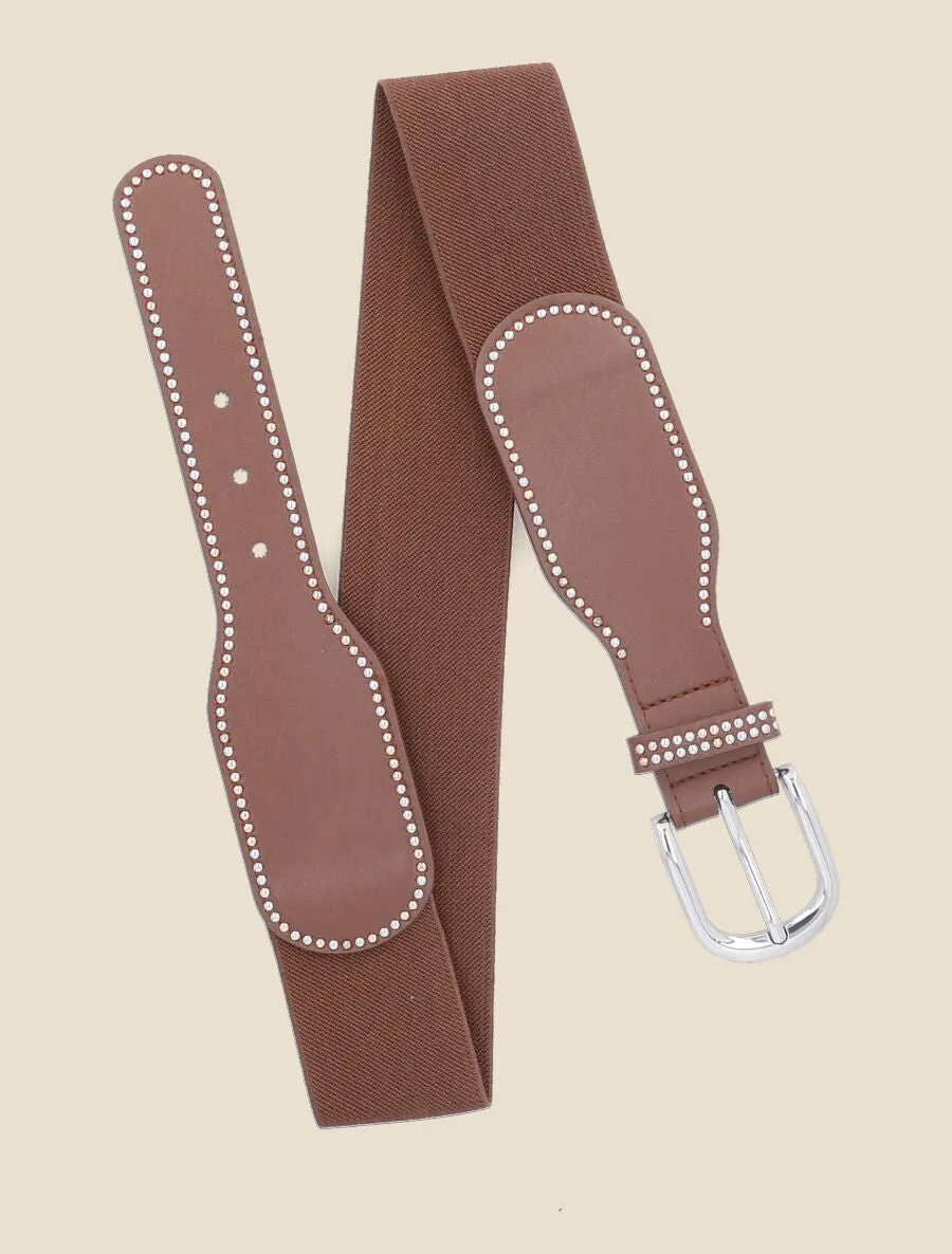 Ceinture bi-matière à détail cloutés - Marron