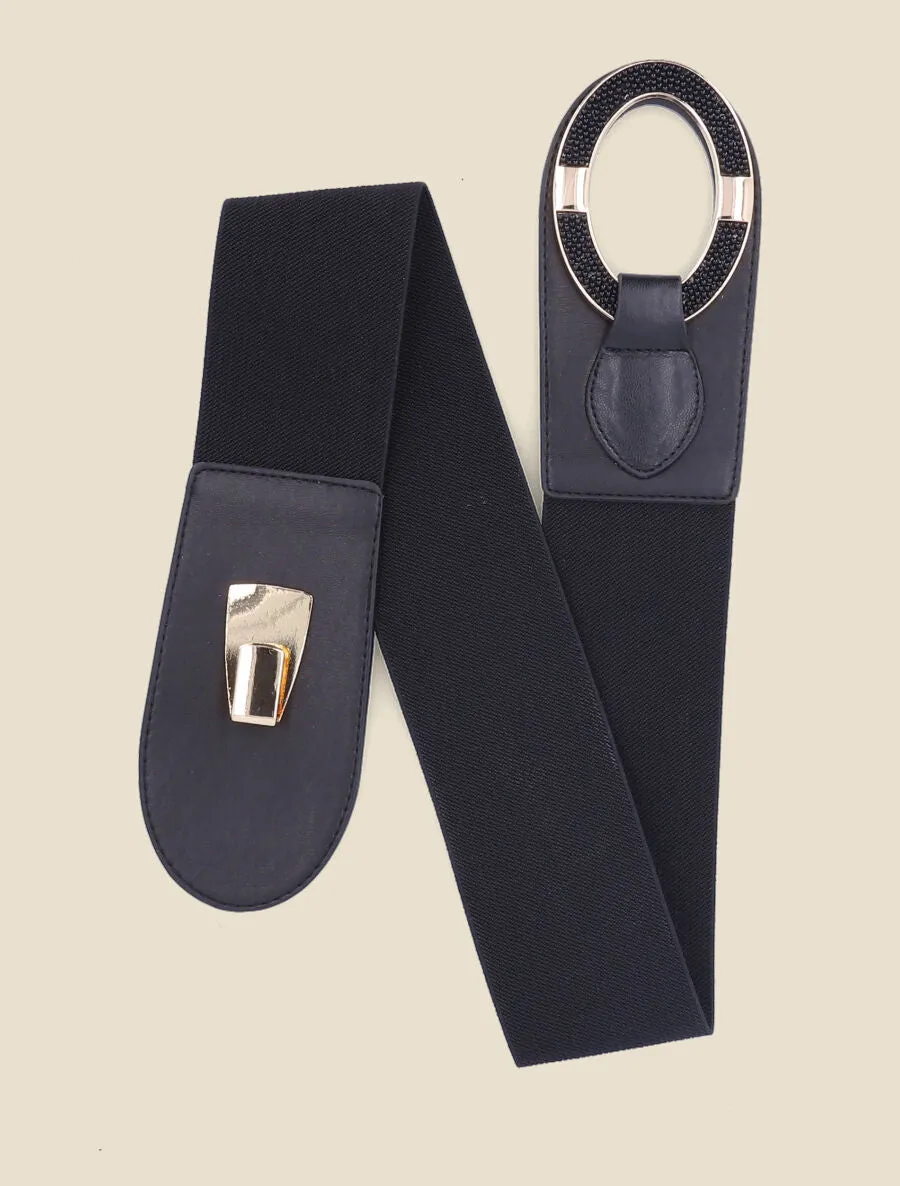 Ceinture bi-matière à boucle ornée de perles - Noir
