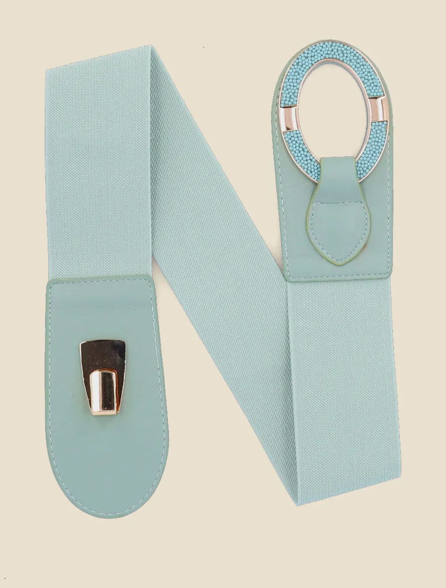 Ceinture bi-matière à boucle ornée de perles - Vert d'eau