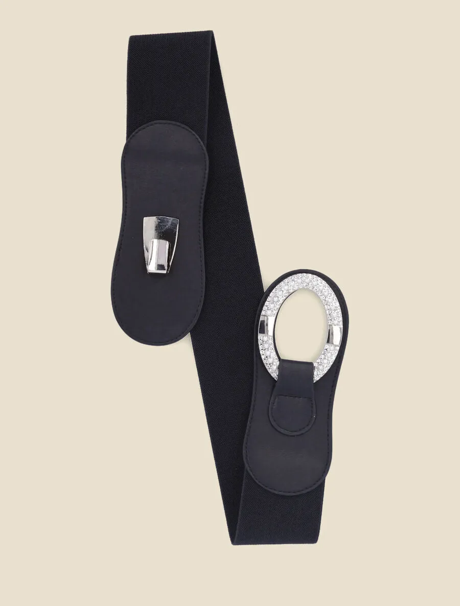 Ceinture bi-matière à boucle ornée de strass et de perles - Noir