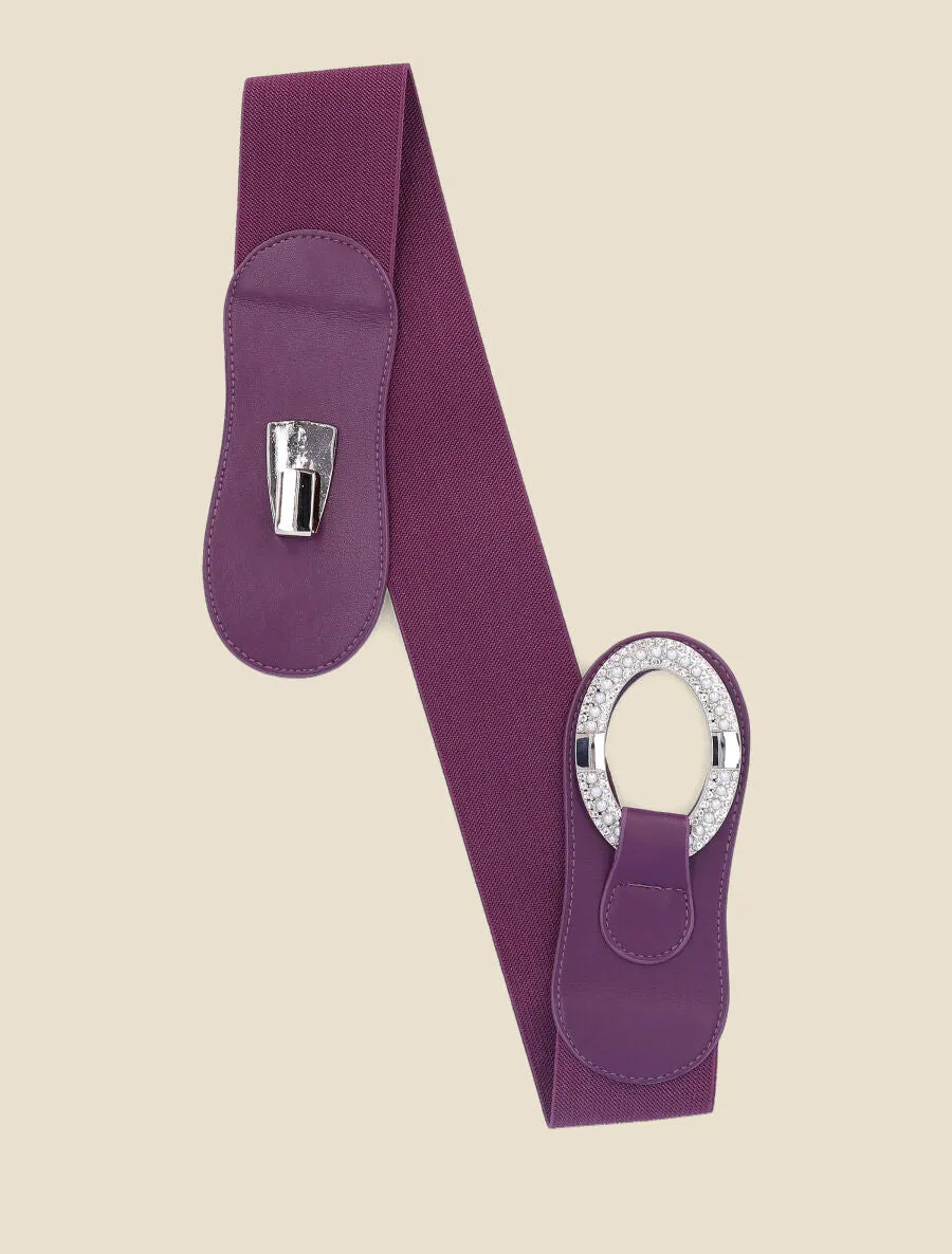 Ceinture bi-matière à boucle ornée de strass et de perles - Violet