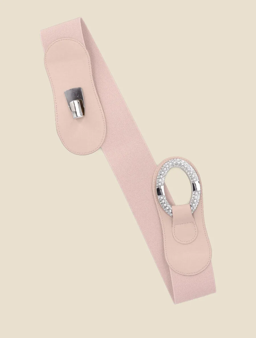 Ceinture bi-matière à boucle ornée de strass et de perles - Rose