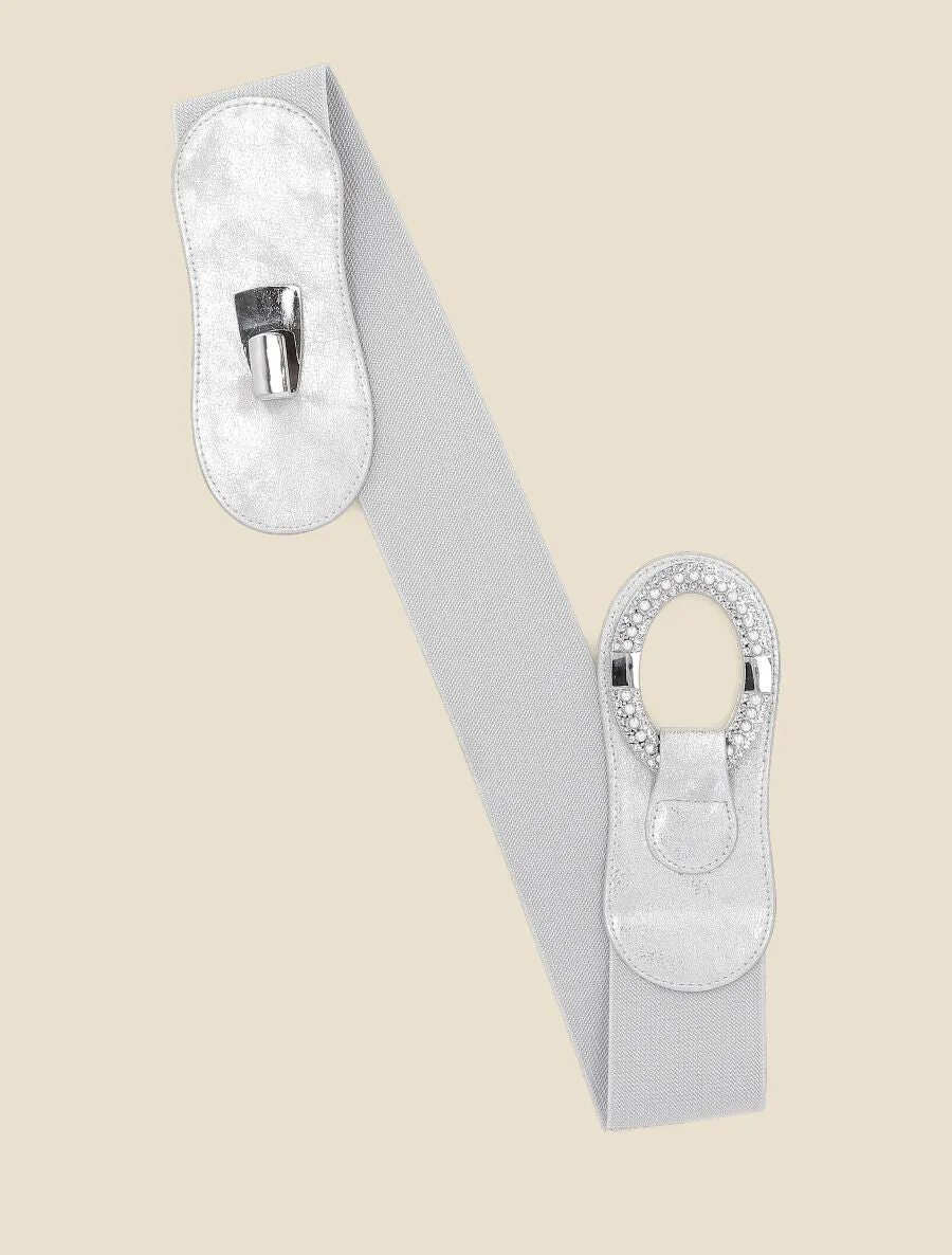 Ceinture bi-matière à boucle ornée de strass et de perles - Argent