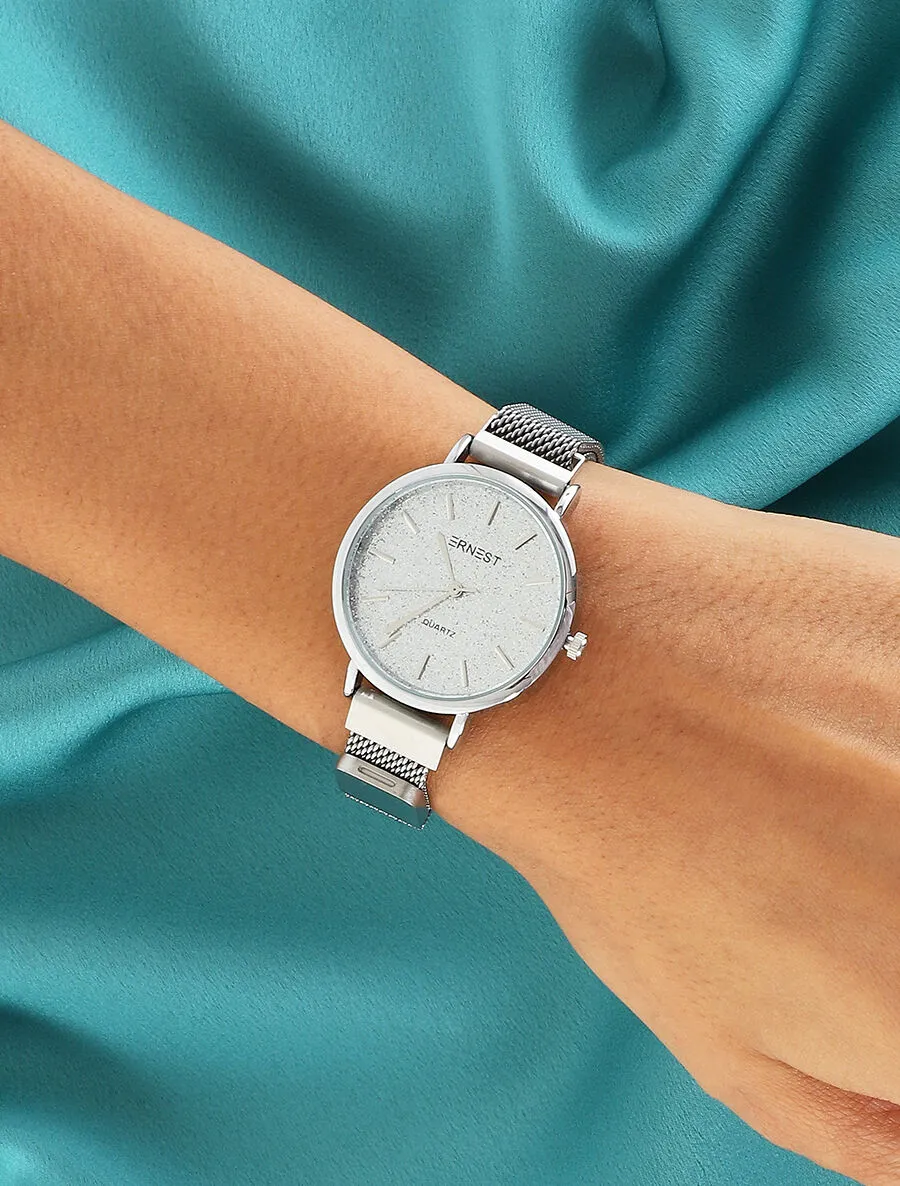 Montre métallique ronde à paillettes - Argent