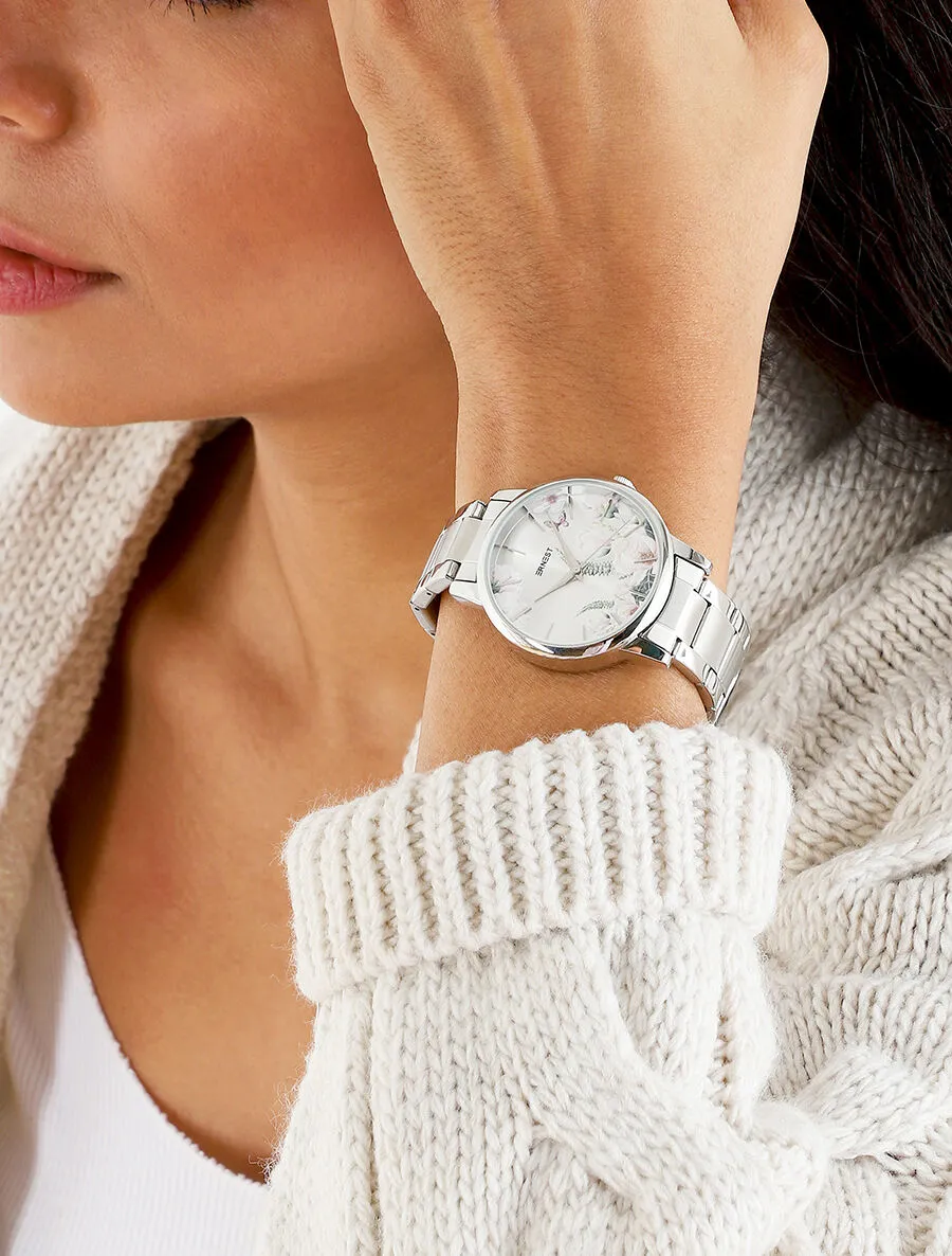 Montre métallique à motif floral - Argent