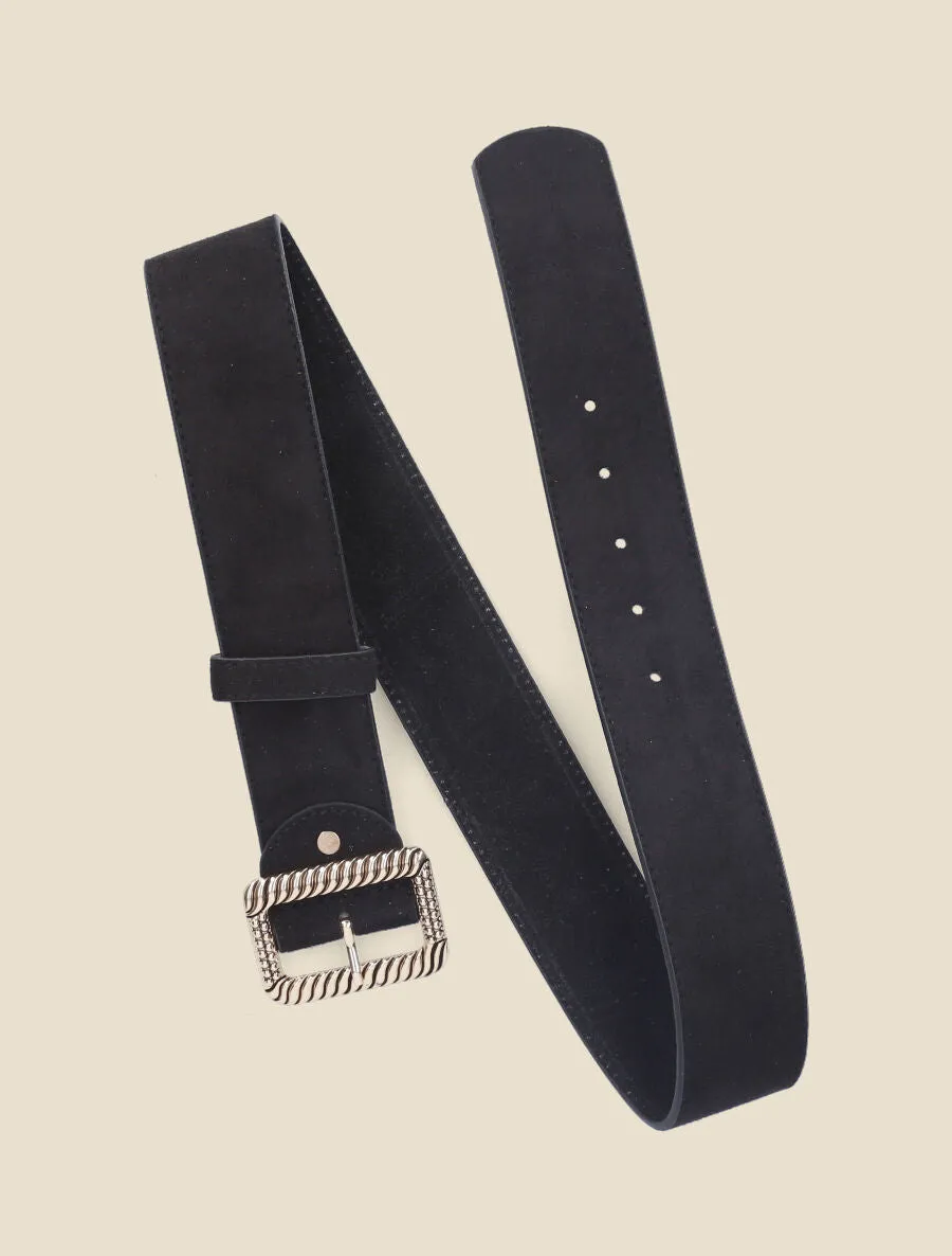 Ceinture en suédine à boucle carrée stylisée - Noir
