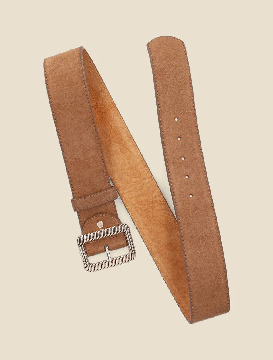 Ceinture en suédine à boucle carrée stylisée - Camel