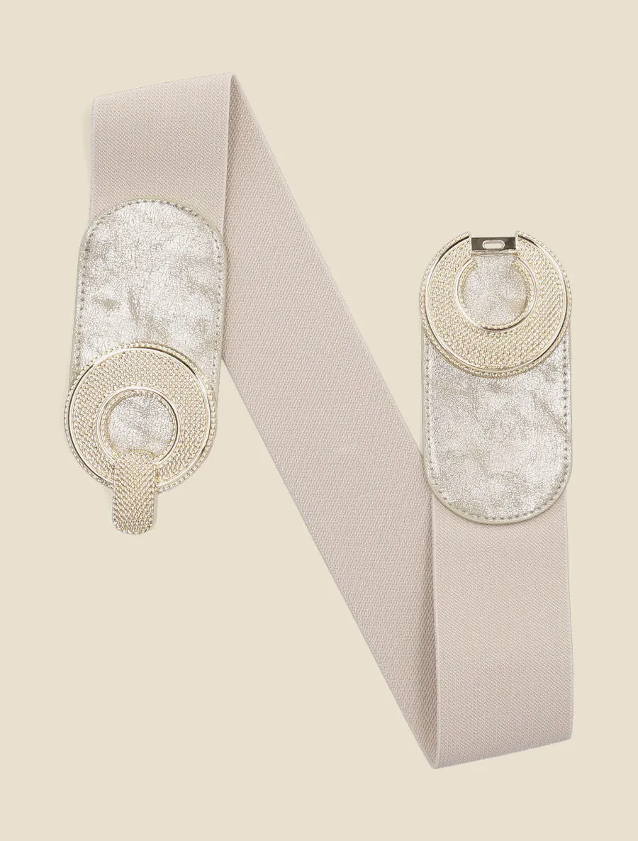 Ceinture élastiquée à double boucles métalliques - Beige