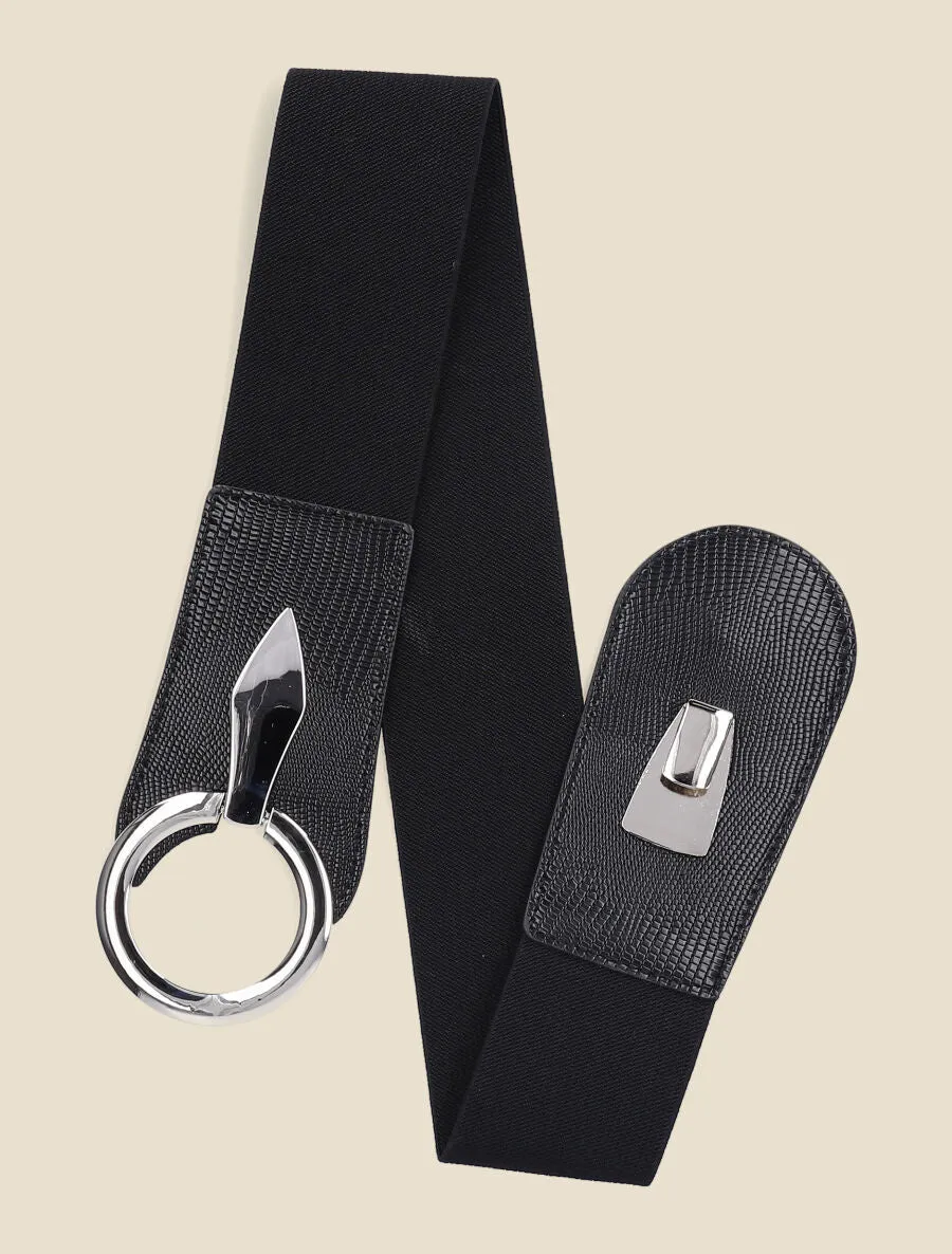 Ceinture élastiquée python à boucle ronde - Noir